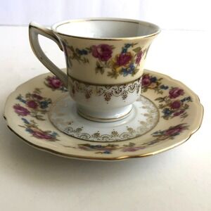 Vintage Gold Castle Hostess Japan Footed Demitasse Cup Saucer Floral Rose